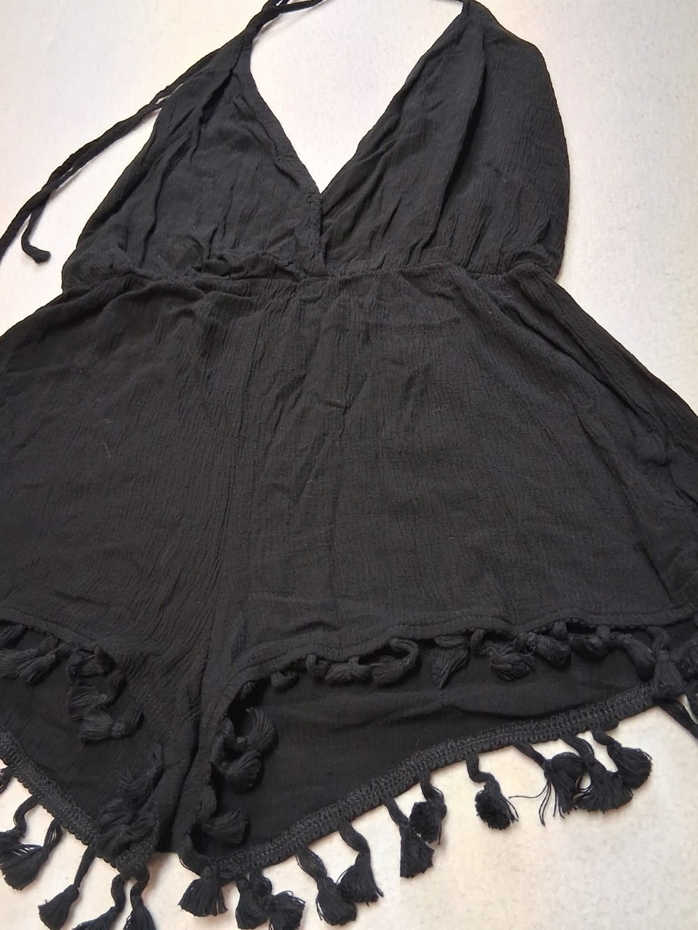Lulu's Black Halter Romper with Tassel Trim - Picture 2 of 7